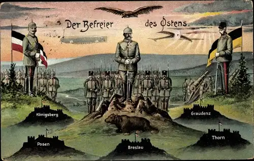 Ak Der Befreier des Ostens, Kaiser Franz Joseph I., Kaiser Wilhelm II., Zeppelin, Breslau, Thorn