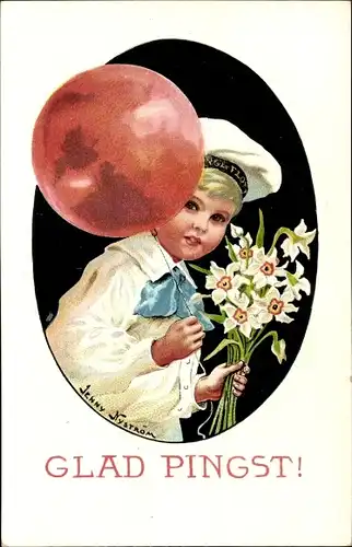 Künstler Ak Nyström, J., Glückwunsch Ostern, Junge mit Blumenstrauß, Ballon