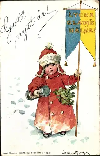 Künstler Ak Nyström, J., Glückwunsch Neujahr, Kind, Mantel, Blumen, Fahne