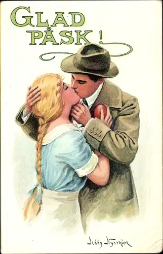 Künstler Ak Nyström, J., Glückwunsch, Liebespaar, Kuss, Osterei