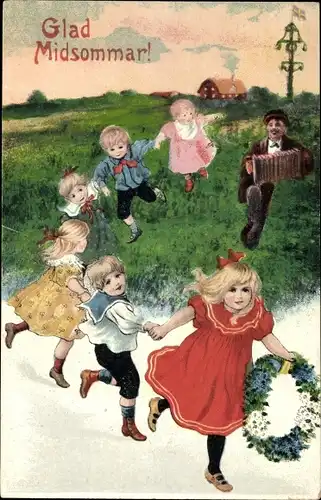 Künstler Ak Nyström, J., Midsommar, Tanzende Kinder, Blumenkranz, Musikinstrument