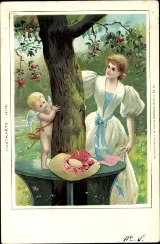 Litho Junge Frau und Eros im Garten, Hut, Baum, Pfeile, Bogen, Versteckspiel