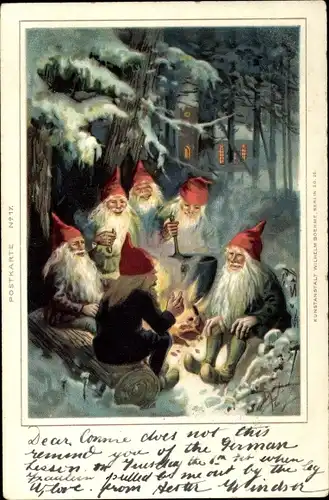 Litho Märchen, Zwerge am Lagerfeuer, Schneewittchen