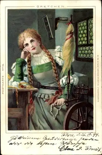 Litho Gretchen, Frau am Spinnrad, Szene aus Faust, Goethe