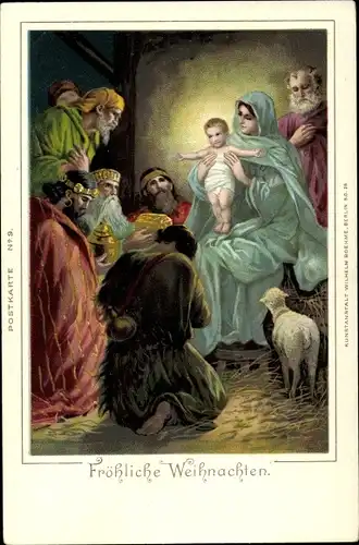 Litho Glückwunsch Weihnachten, Maria mit Jesuskind, Könige, Geschenke