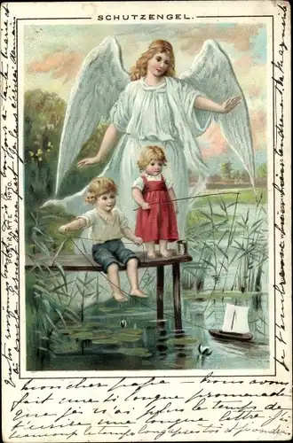 Litho Ein Schutzengel beschützt zwei kinder beim Angeln