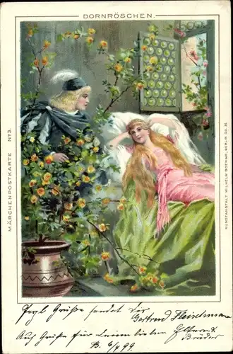 Litho Dornröschen, Prinz, Frau im Bett, Blumen, Märchen