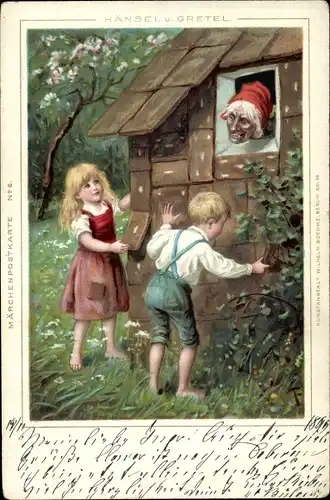 Litho Hänsel und Gretel am Hexenhaus, Lebkuchenhaus