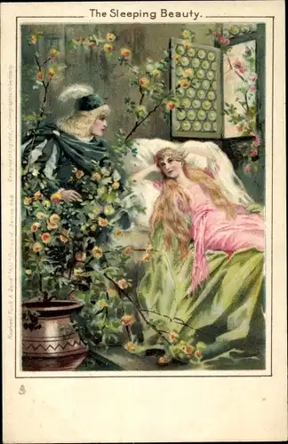 Litho Dornröschen, Prinz, Frau im Bett, Blumen, Märchen