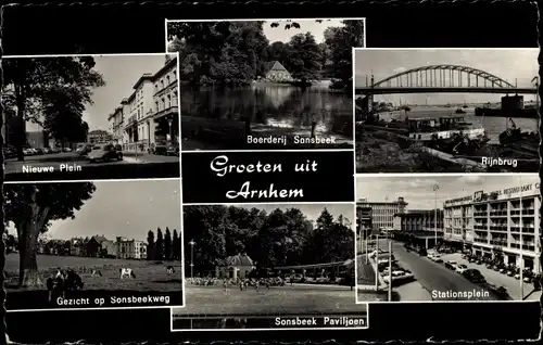 Ak Arnhem Gelderland Niederlande, Rijnbrug, Sonsbeek Paviljoen, Nieuwe Plein, Boerderij Sonsbeek