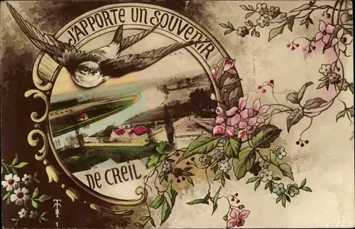 Ak Creil-Oise, Schwalbe im Flug, Teilansicht, Fluss