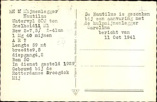 Ak Niederländisches Kriegsschiff, Hr.Ms. Nautilus, Minenleger