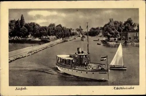 Ak Siofok Fock Ungarn, Dampfer, Segelboot, Wasserpartie