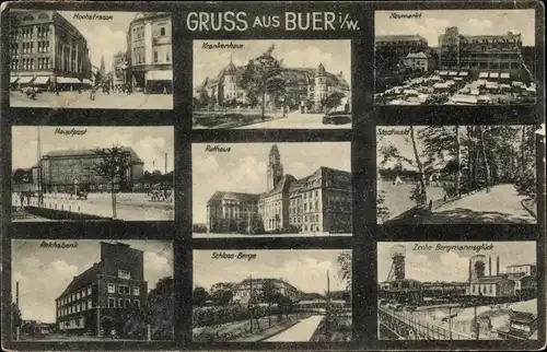 Ak Buer in Westfalen Gelsenkirchen Ruhrgebiet, Rathaus, Schloss Berge, Zeche Bergmannsglück