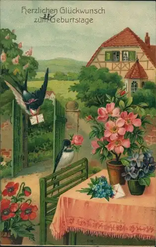 Präge Ak Glückwunsch Geburtstag, Schwalben, Blumen, Tisch, Brief, Vergissmeinnicht