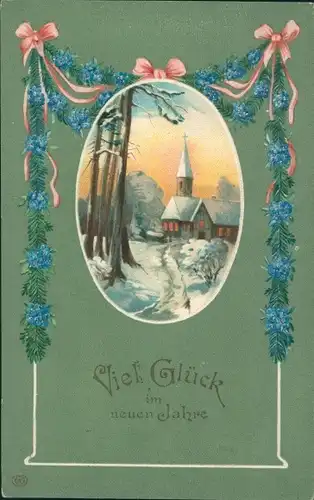 Präge Ak Glückwunsch Neujahr, Kirche, Vergissmeinnicht, Tannenzweige