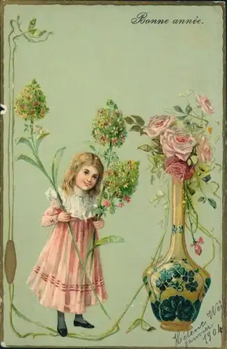 Präge Litho Glückwunsch Neujahr, Mädchen, Blumenvase, Rosen