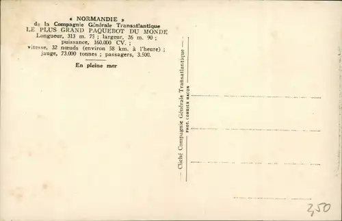 Ak Dampfer Normandie, CGT, French Line