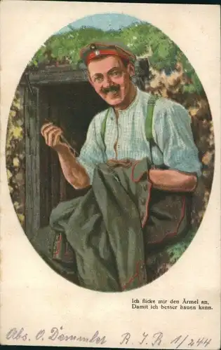 Künstler Ak Deutsche Schützengrabenkarten, Soldat beim Nähen