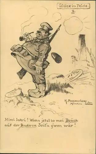 Künstler Ak Pommerhanz, Glück im Felde, dicker Soldat, I WK