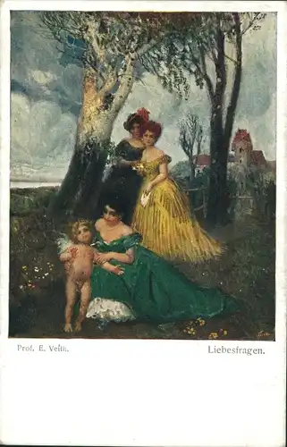 Künstler Ak Veith, E., Liebesfragen, Amor, junge Frauen