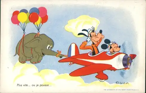Künstler Ak Walt Disney, Comic, Mickey Maus, Goofy, Elefant fliegt mit Luftballons