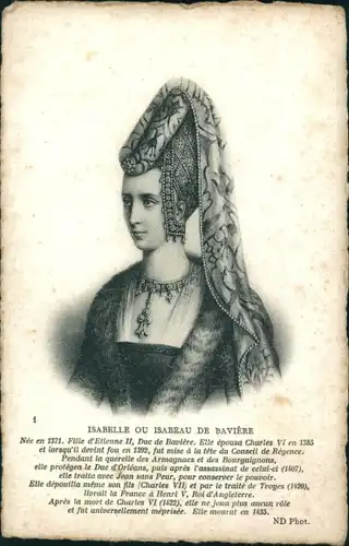 Ak Isabella von Bayern, Isabeau, Königin von Frankreich, Portrait