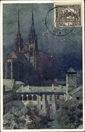 Ak Brno Brünn Südmähren, Kathedrale und Museum bei Nacht