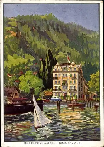 Künstler Ak Bregenz am Bodensee Vorarlberg, Hotel Post am See