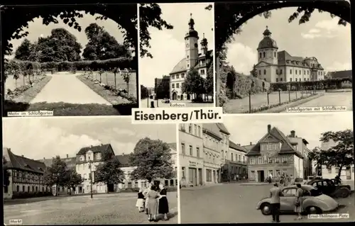 Ak Eisenberg in Thüringen, Schlossgarten, Schlosskirche, Markt, Rathaus