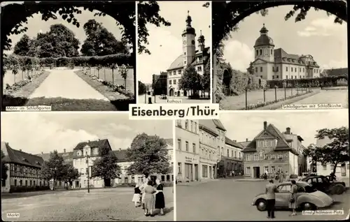 Ak Eisenberg in Thüringen, Schlossgarten, Schlosskirche, Markt, Rathaus