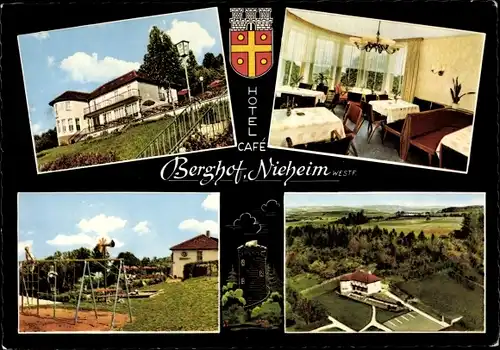 Ak Nieheim in Westfalen, Café Hotel Restaurant Berghof, Wappen, Spielplatz, Luftaufnahme