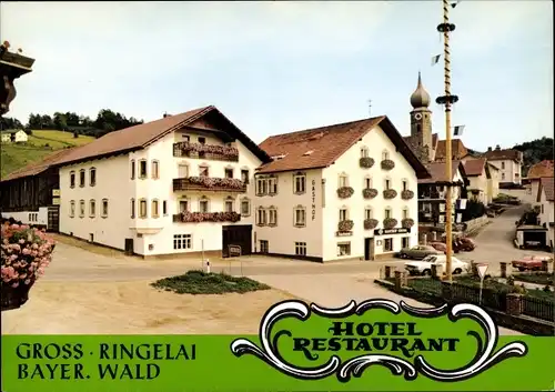 Ak Ringelai in Niederbayern, Gasthof-Pension Groß, Außenansicht, Kirchturm