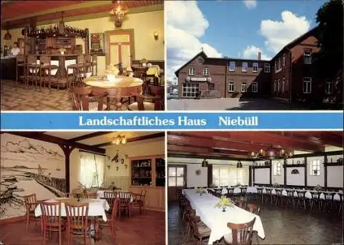 Ak Niebüll in Nordfriesland, Hotel Landschaftliches Haus, Außenansicht, Speisesaal, Bar