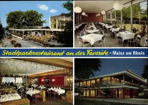 Ak Mainz am Rhein, Stadtparkrestaurant an der Favorite, Außenansicht, Terrasse, Speiseraum