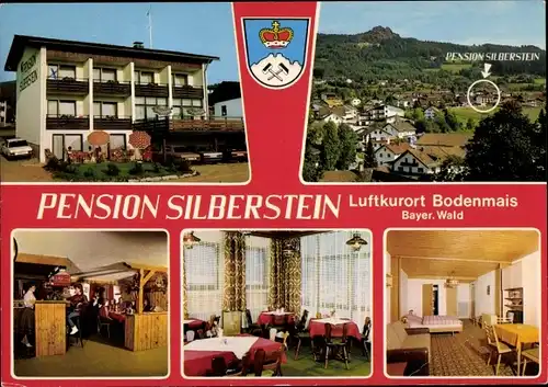 Ak Bodenmais in Niederbayern, Pension Silberstein, Wappen, Ortsansicht