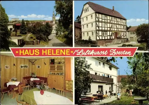 Ak Bad Zwesten in Hessen, Hotel Café Pension Haus Helene, Innen- und Außenansichten, Fachwerkhaus