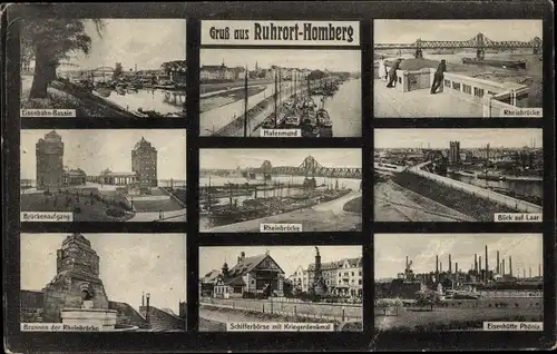 Ak Homberg Ruhrort Duisburg im Ruhrgebiet, Eisenbahn-Bassin, Rheinbrücke, Hafenmund, Brückenaufgang