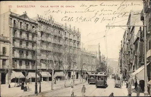 Ak Barcelona Katalonien Spanien, Calle Mayor de Gracia, Straßenbahnen