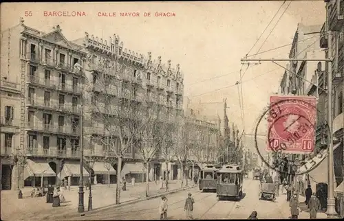 Ak Barcelona Katalonien Spanien, Calle Mayor de Gracia, Straßenbahnen