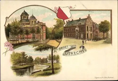 Litho Utrecht Niederlande, Kanaal, Radhuis