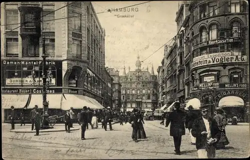 Ak Hamburg Altstadt, Graskeller, Restaurant Bauer, Geschäfte, Damen Mäntel Fabrik, Mellin's Food