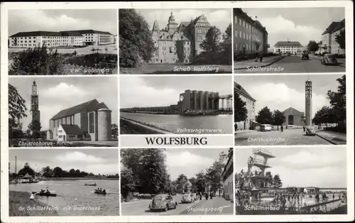 Ak Wolfsburg in Niedersachsen, VW Wohnheim, Schloss, Christuskirche, VW Werk, Schwimmbad