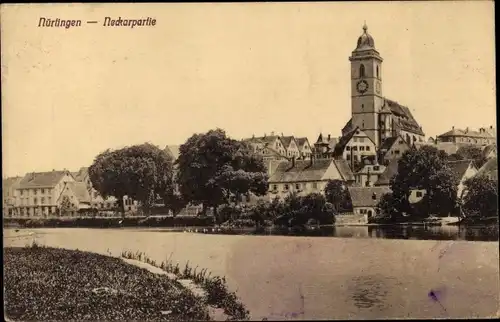 Ak Nürtingen am Neckar Württemberg, Partie am Neckar Ufer, Kirche