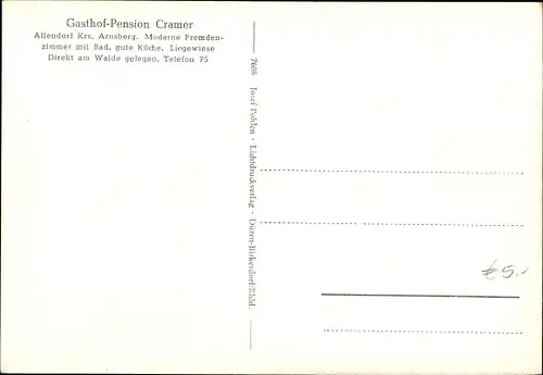 Ak Allendorf Krs. Arnsberg im Sauerland Westfalen, Gasthof Pension Cramer