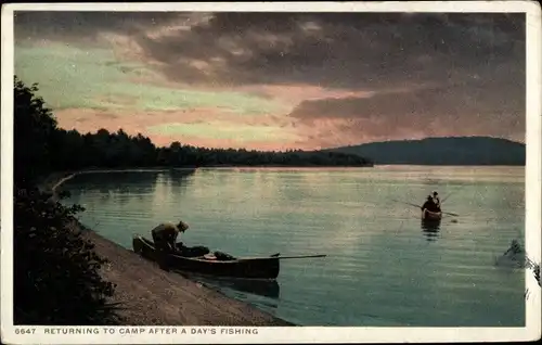 Ak Maine USA, Rückkehr zum Camp nach einem Angeltag