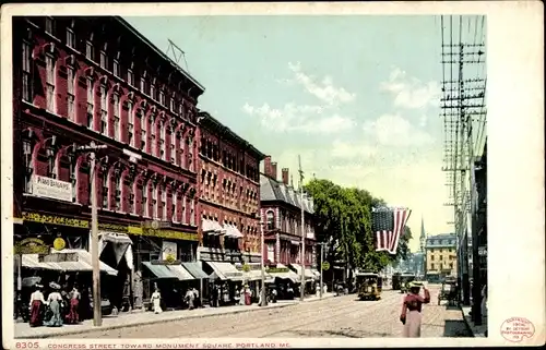 Ak Portland Maine USA, Congress Street in Richtung Monument Square