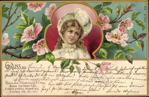 Litho Mädchen Portrait, Hut, Baumblüte