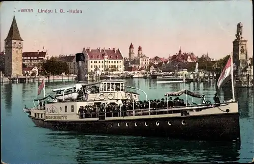 Ak Lindau am Bodensee Schwaben, Hafen, Salondampfer Königin Charlotte