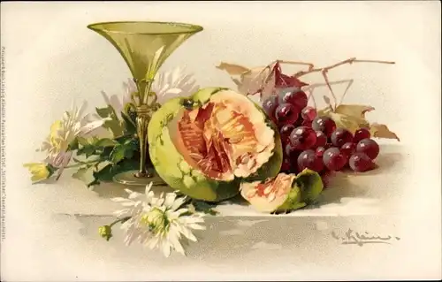 Künstler Litho Klein, Catharina, Weintrauben, Margeriten, Obst, Melone, Meissner & Buch 1167